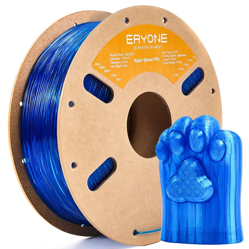 A spool of ERYONE black TPU 3D printer filament and a sample 3D printed part.