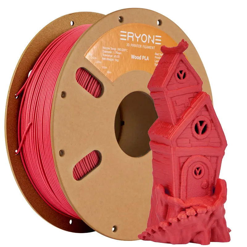 A spool of ERYONE Wood PLA Filament in red color alongside a small 3D printed model, indicating the product is a 3D printing filament.