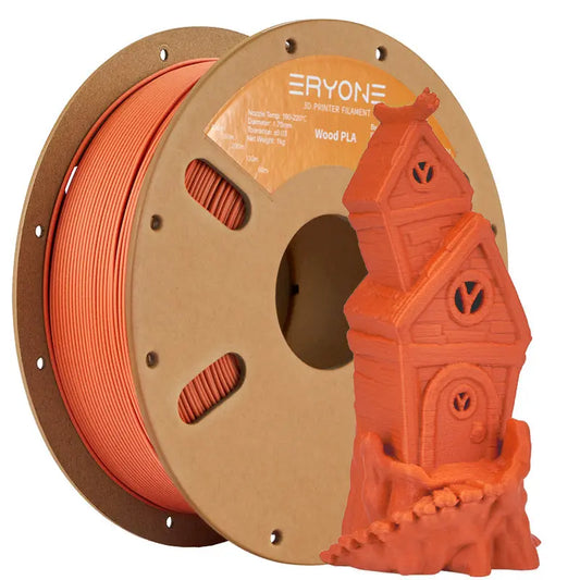 A spool of ERYONE Wood PLA Filament in red color alongside a small 3D printed model, indicating the product is a 3D printing filament.