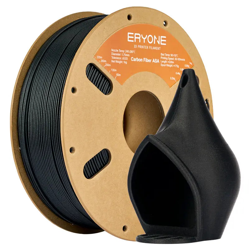 Two spools of ERYONE ASA 3D printer filament, one black and one white, with product information printed on them.