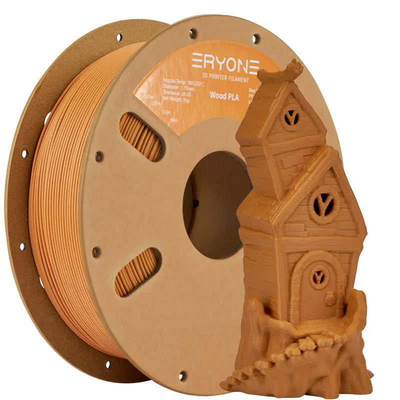 A spool of ERYONE Wood PLA Filament in red color alongside a small 3D printed model, indicating the product is a 3D printing filament.