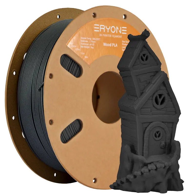 A spool of ERYONE Wood PLA Filament in red color alongside a small 3D printed model, indicating the product is a 3D printing filament.