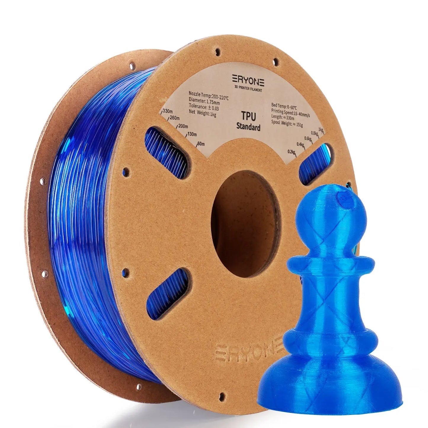 Spools of ERYONE 1.75mm TPU 3D printer filament in black color, showing the label and part of the filament unwound, alongside a printed tire.