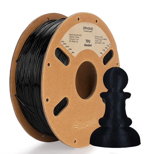 Spools of ERYONE 1.75mm TPU 3D printer filament in black color, showing the label and part of the filament unwound, alongside a printed tire.
