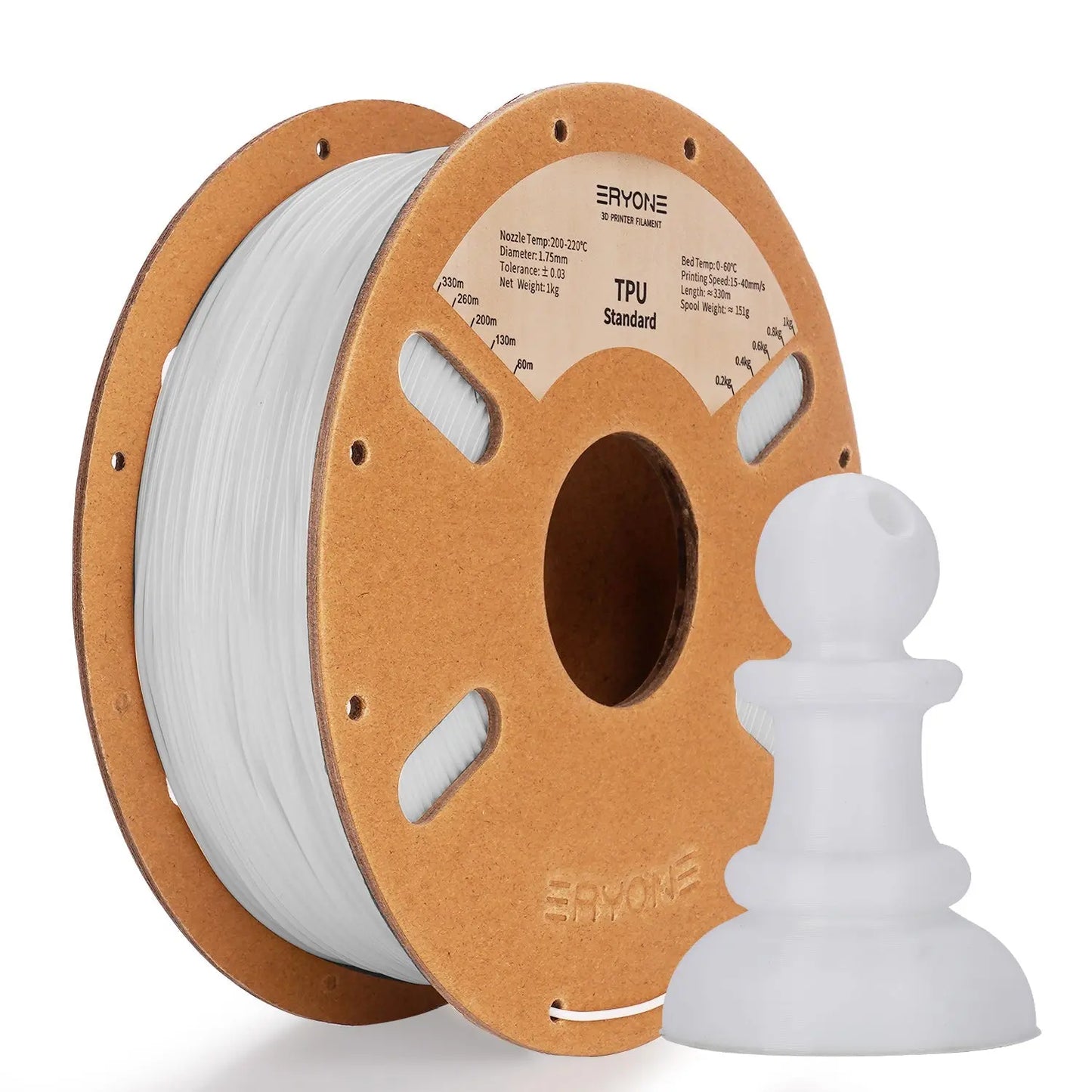 Spools of ERYONE 1.75mm TPU 3D printer filament in black color, showing the label and part of the filament unwound, alongside a printed tire.