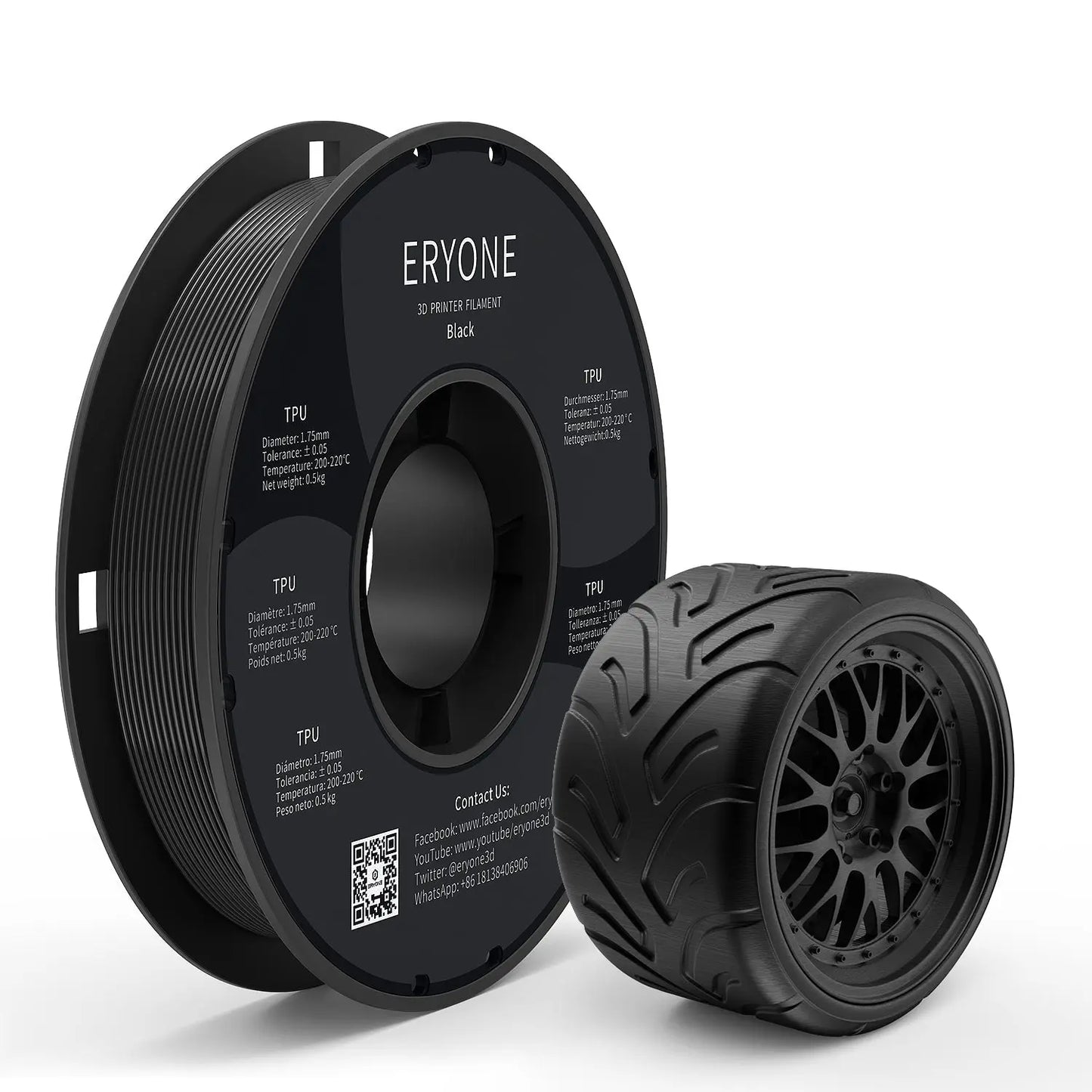 Spools of ERYONE 1.75mm TPU 3D printer filament in black color, showing the label and part of the filament unwound, alongside a printed tire.