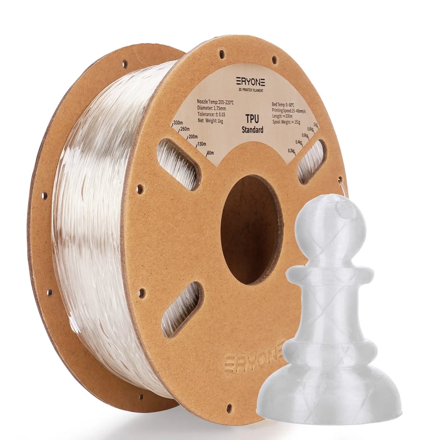 Spools of ERYONE 1.75mm TPU 3D printer filament in black color, showing the label and part of the filament unwound, alongside a printed tire.