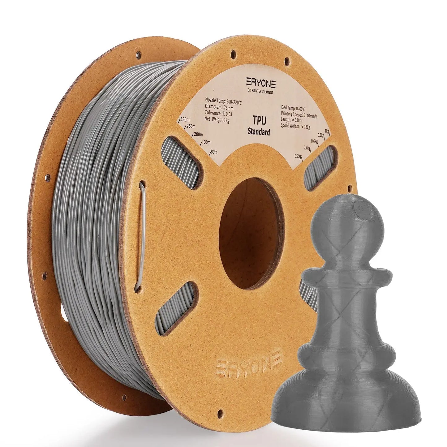 Spools of ERYONE 1.75mm TPU 3D printer filament in black color, showing the label and part of the filament unwound, alongside a printed tire.