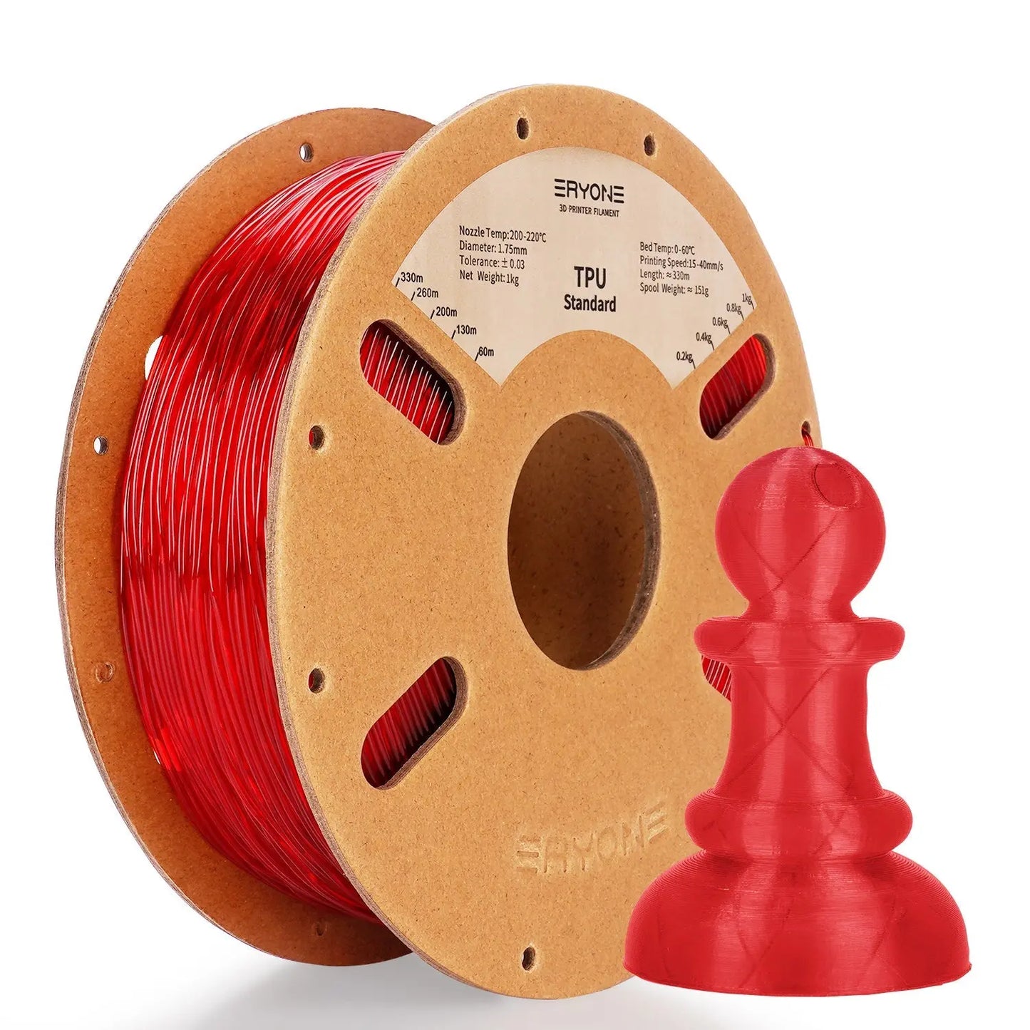 Spools of ERYONE 1.75mm TPU 3D printer filament in black color, showing the label and part of the filament unwound, alongside a printed tire.