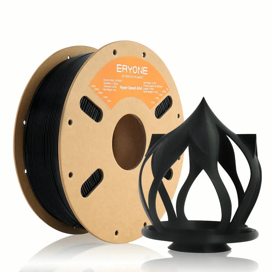 Two spools of ERYONE ASA 3D printer filament, one black and one white, with product information printed on them.