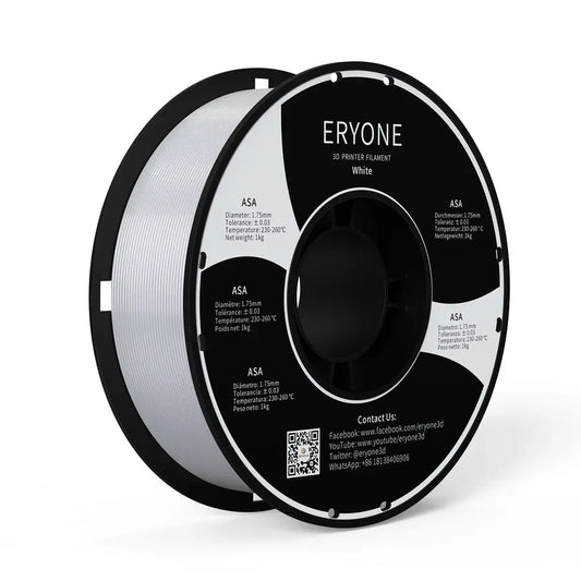 Two spools of ERYONE ASA 3D printer filament, one black and one white, with product information printed on them.