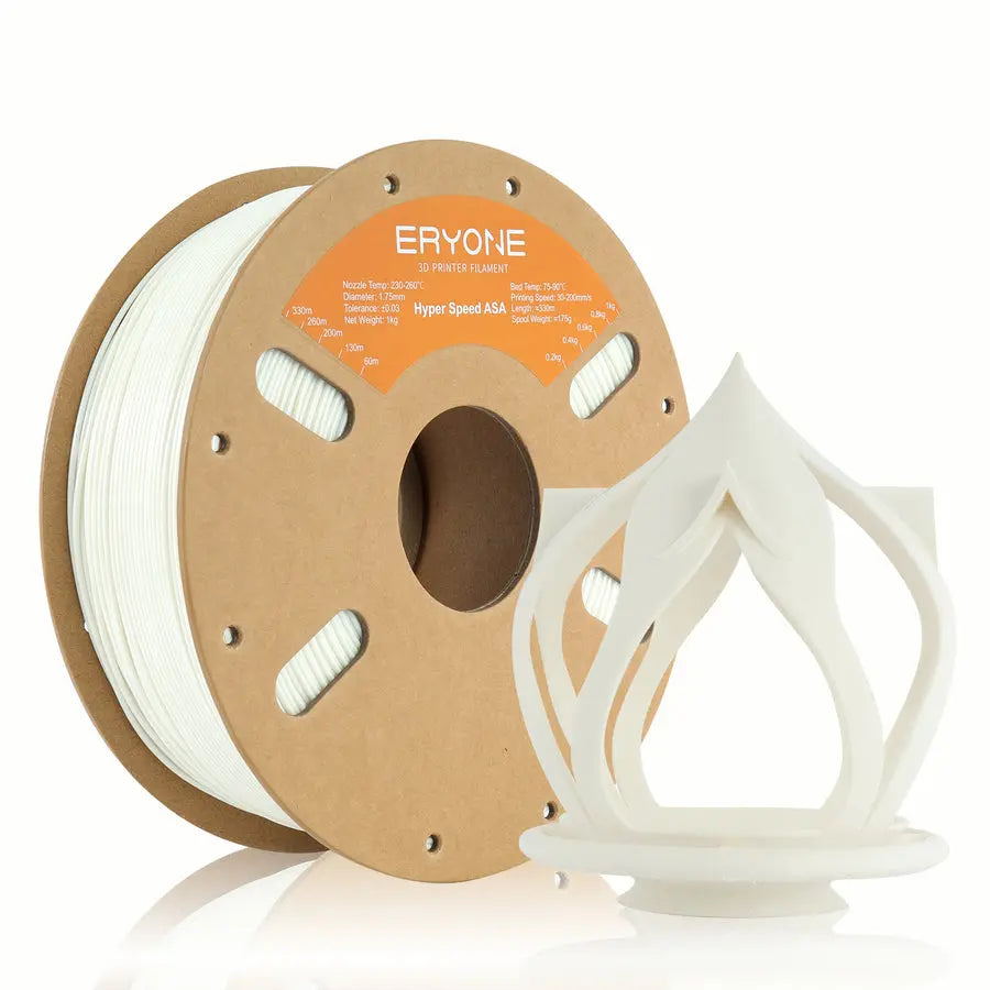 Two spools of ERYONE ASA 3D printer filament, one black and one white, with product information printed on them.