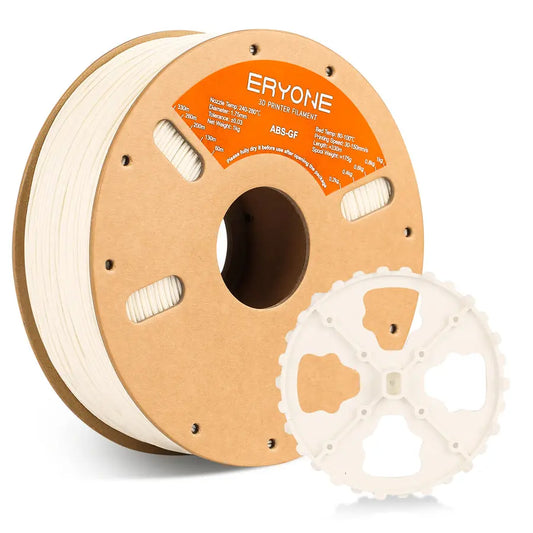 Spool of ERYONE ABS Fiberglass 3D Printer Filament with a piece of printed gear model showing the texture and color.