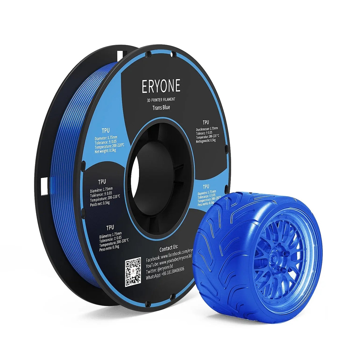 Spools of ERYONE 1.75mm TPU 3D printer filament in black color, showing the label and part of the filament unwound, alongside a printed tire.