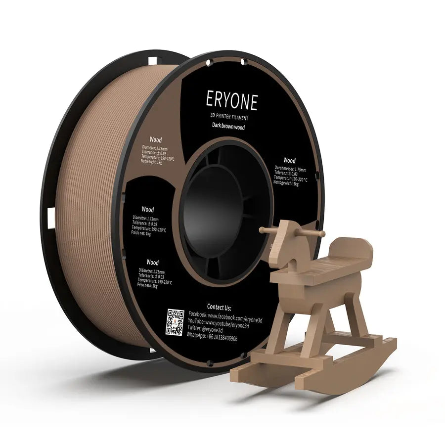 A spool of ERYONE Wood PLA Filament in red color alongside a small 3D printed model, indicating the product is a 3D printing filament.