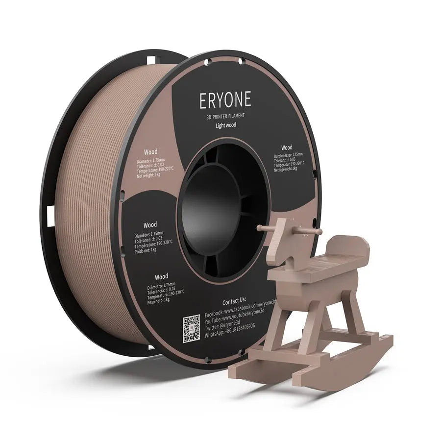 A spool of ERYONE Wood PLA Filament in red color alongside a small 3D printed model, indicating the product is a 3D printing filament.