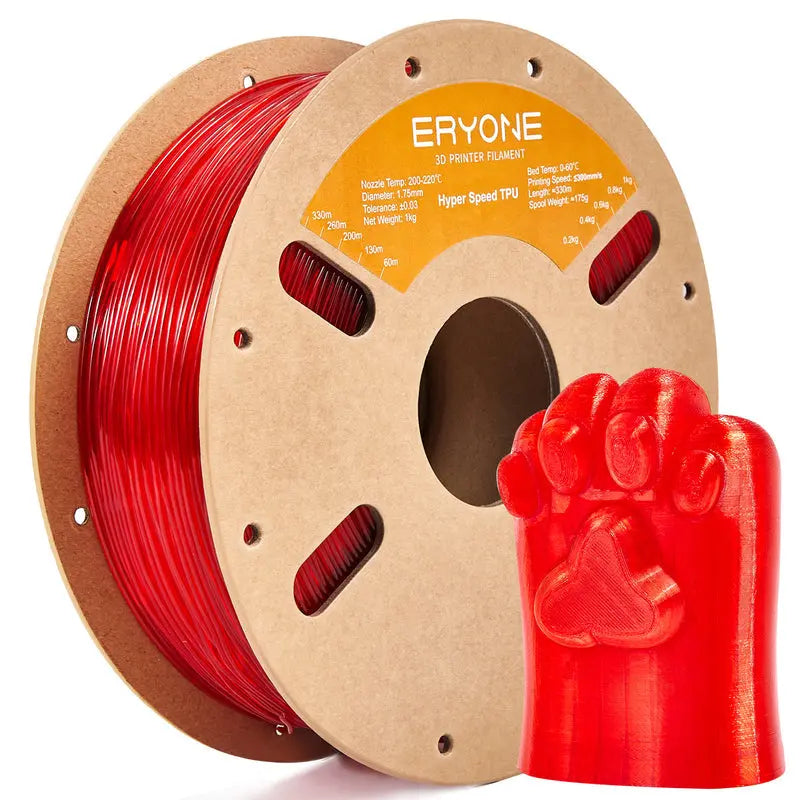 A spool of ERYONE black TPU 3D printer filament and a sample 3D printed part.
