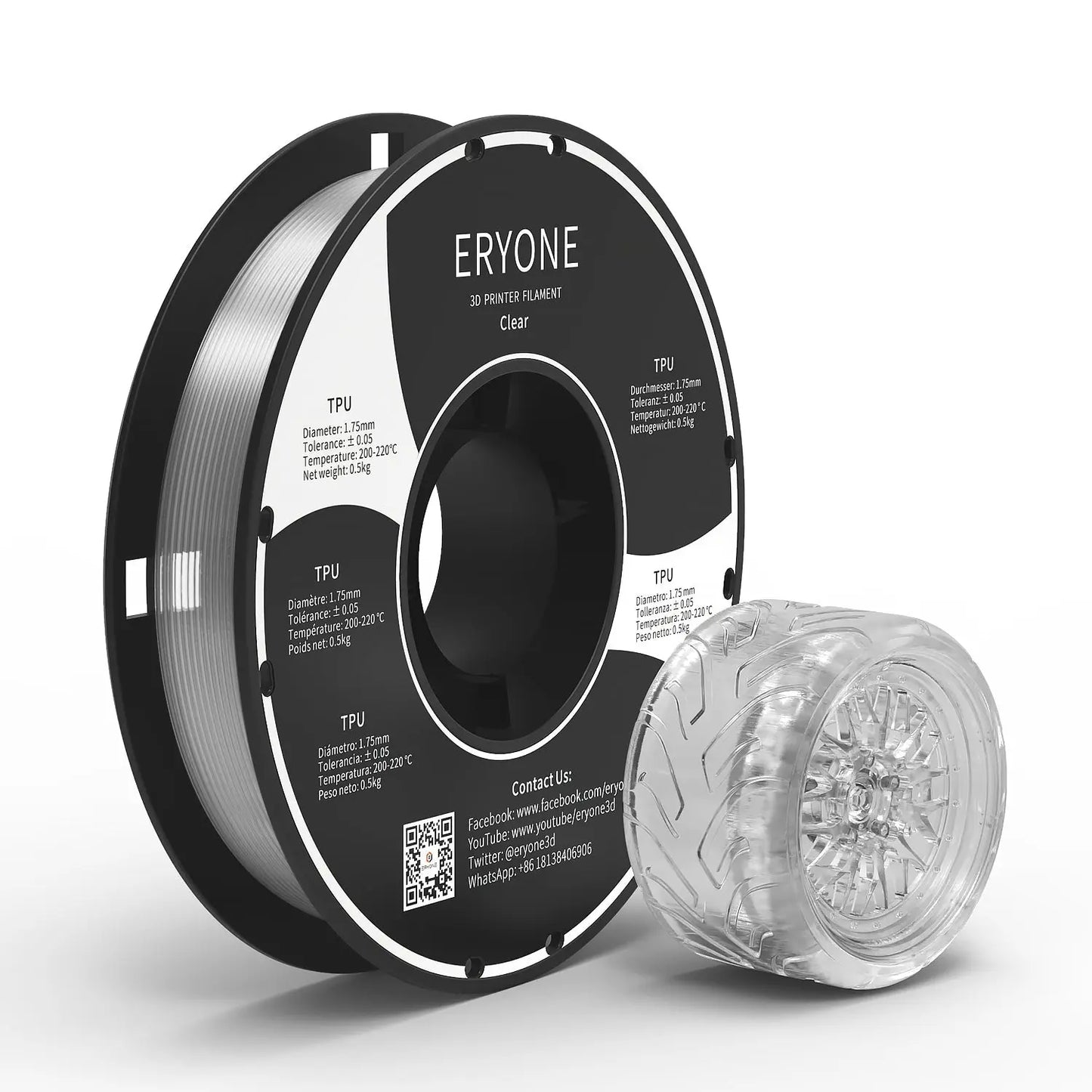 Spools of ERYONE 1.75mm TPU 3D printer filament in black color, showing the label and part of the filament unwound, alongside a printed tire.
