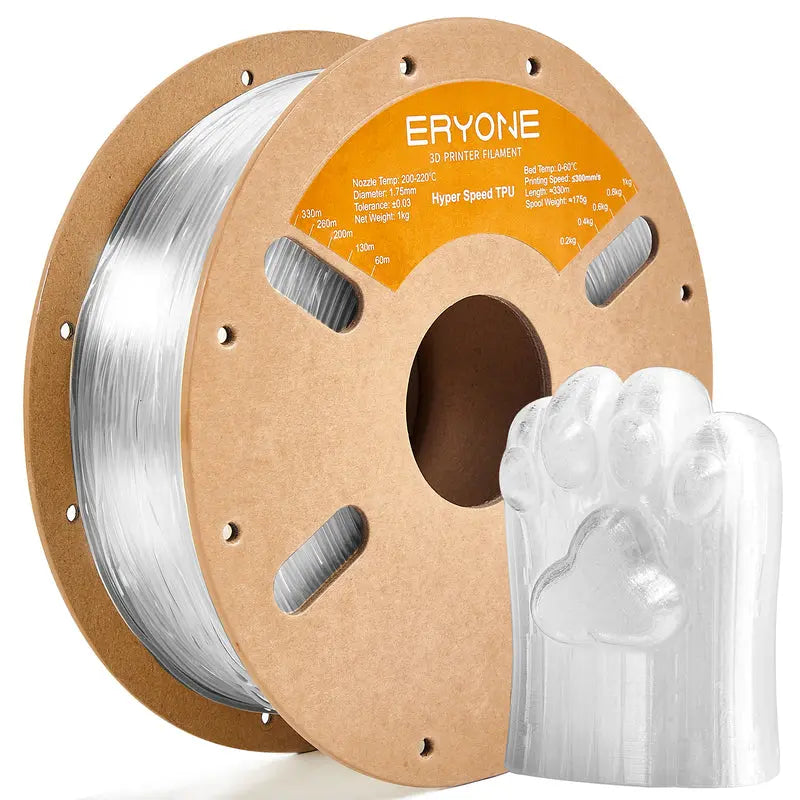 A spool of ERYONE black TPU 3D printer filament and a sample 3D printed part.