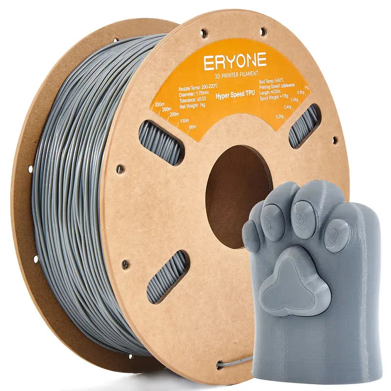 A spool of ERYONE black TPU 3D printer filament and a sample 3D printed part.