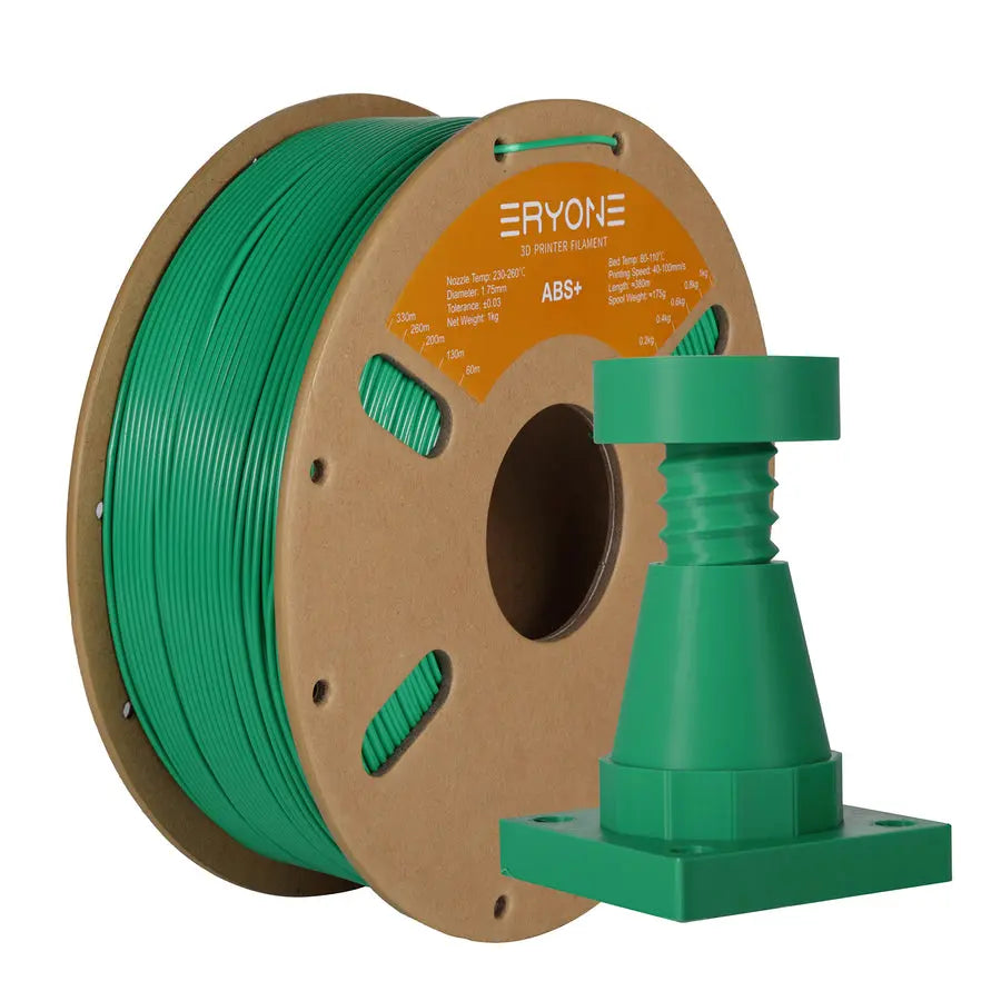 A spool of ERYONE ABS+ 3D printer filament, predominantly black in color, wound around a cardboard spool with a label displaying the brand and product information.