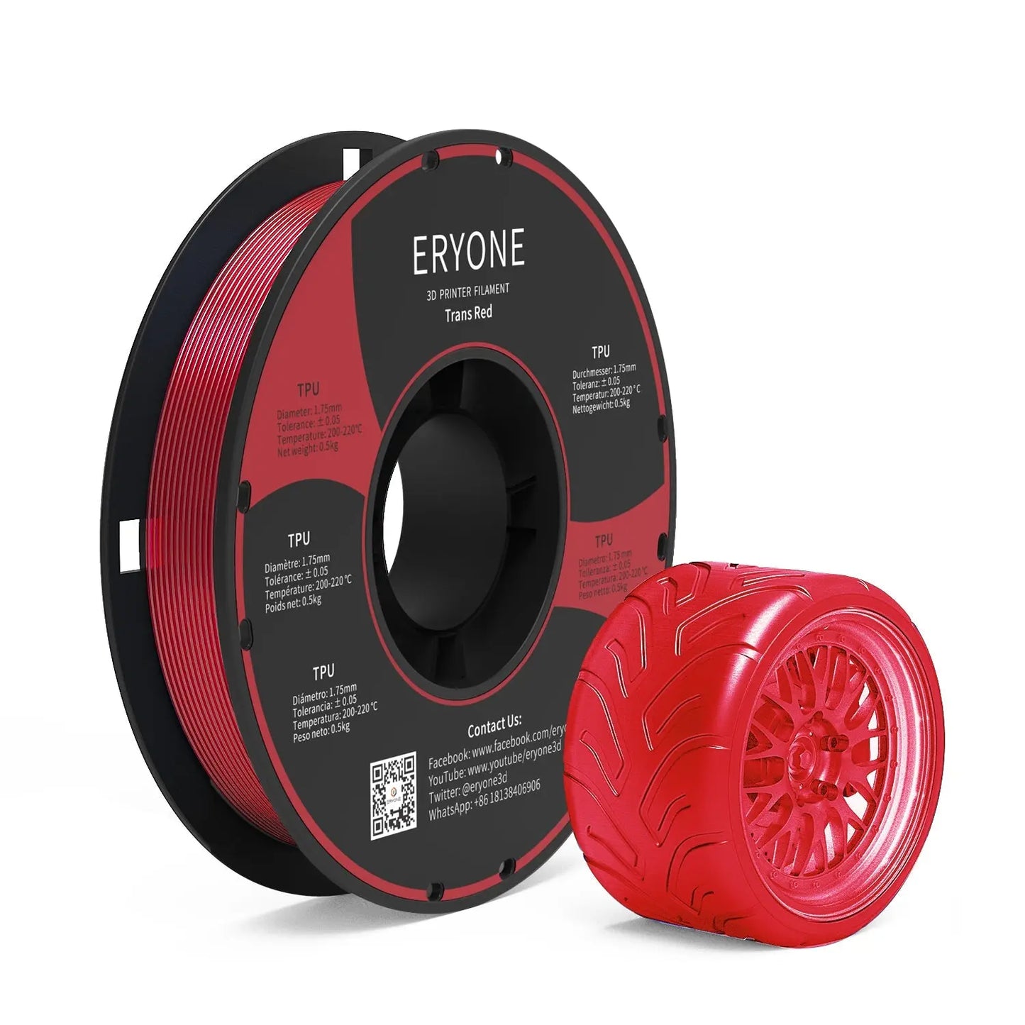 Spools of ERYONE 1.75mm TPU 3D printer filament in black color, showing the label and part of the filament unwound, alongside a printed tire.