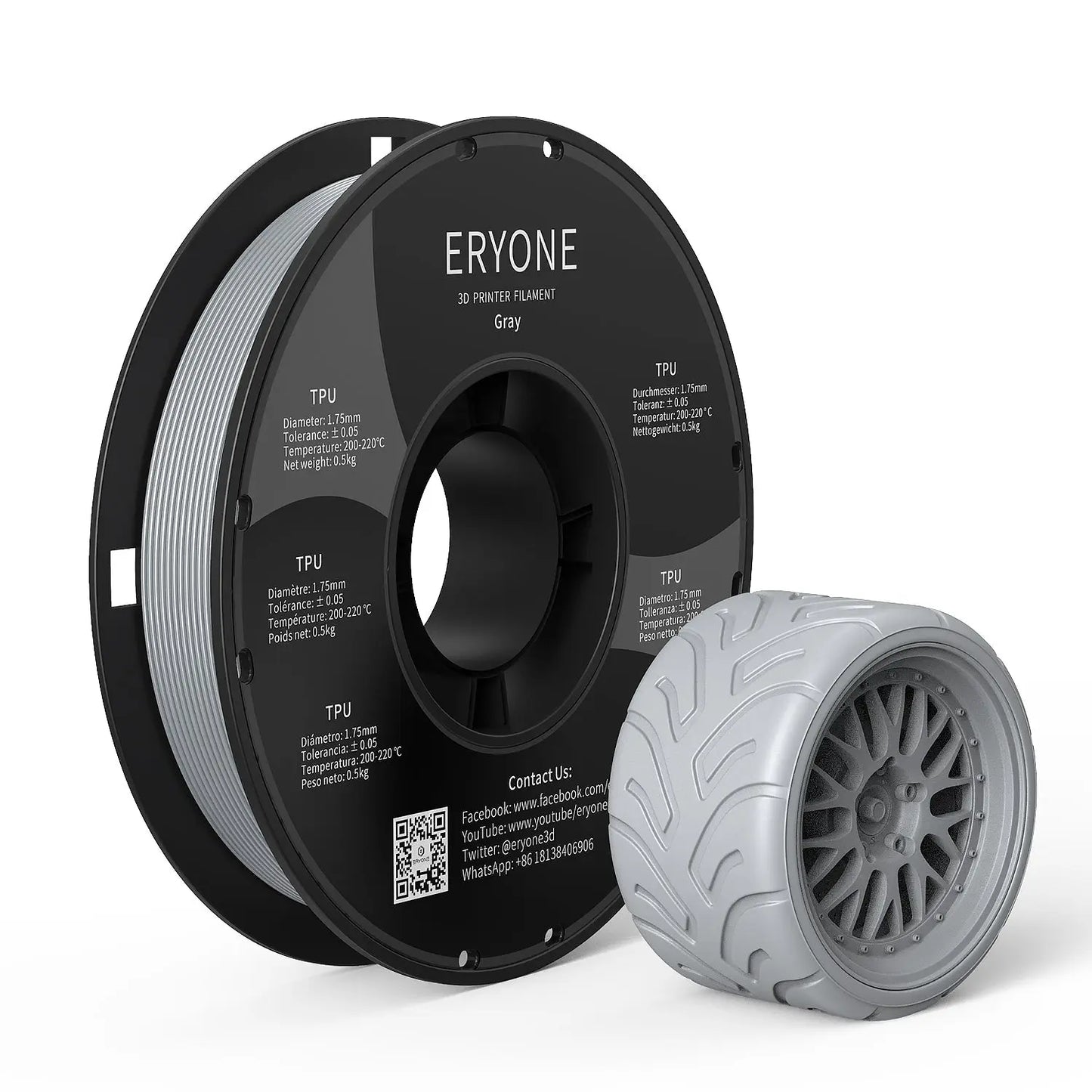 Spools of ERYONE 1.75mm TPU 3D printer filament in black color, showing the label and part of the filament unwound, alongside a printed tire.