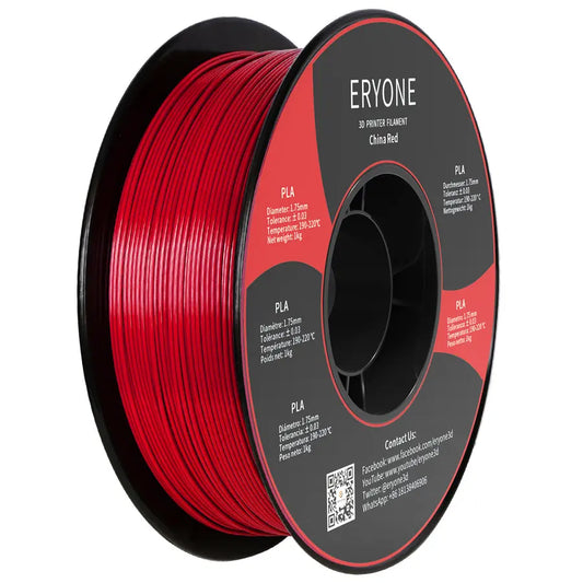 A spool of ERYONE PLA 3D printer filament in pink color, with packaging that provides product information.
