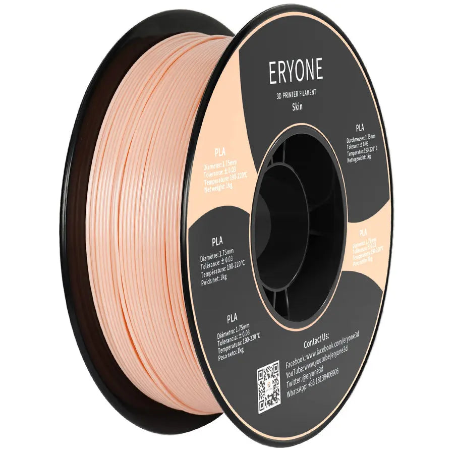 A spool of ERYONE PLA 3D printer filament in pink color, with packaging that provides product information.