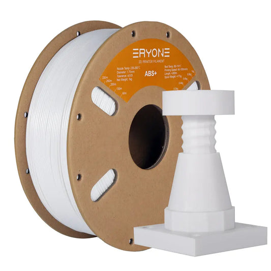 A spool of ERYONE ABS+ 3D printer filament, predominantly black in color, wound around a cardboard spool with a label displaying the brand and product information.