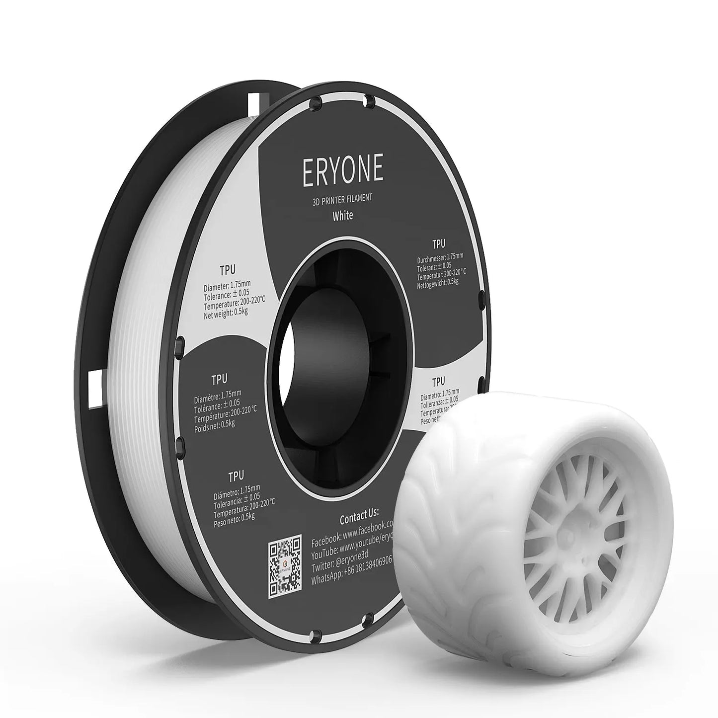 Spools of ERYONE 1.75mm TPU 3D printer filament in black color, showing the label and part of the filament unwound, alongside a printed tire.