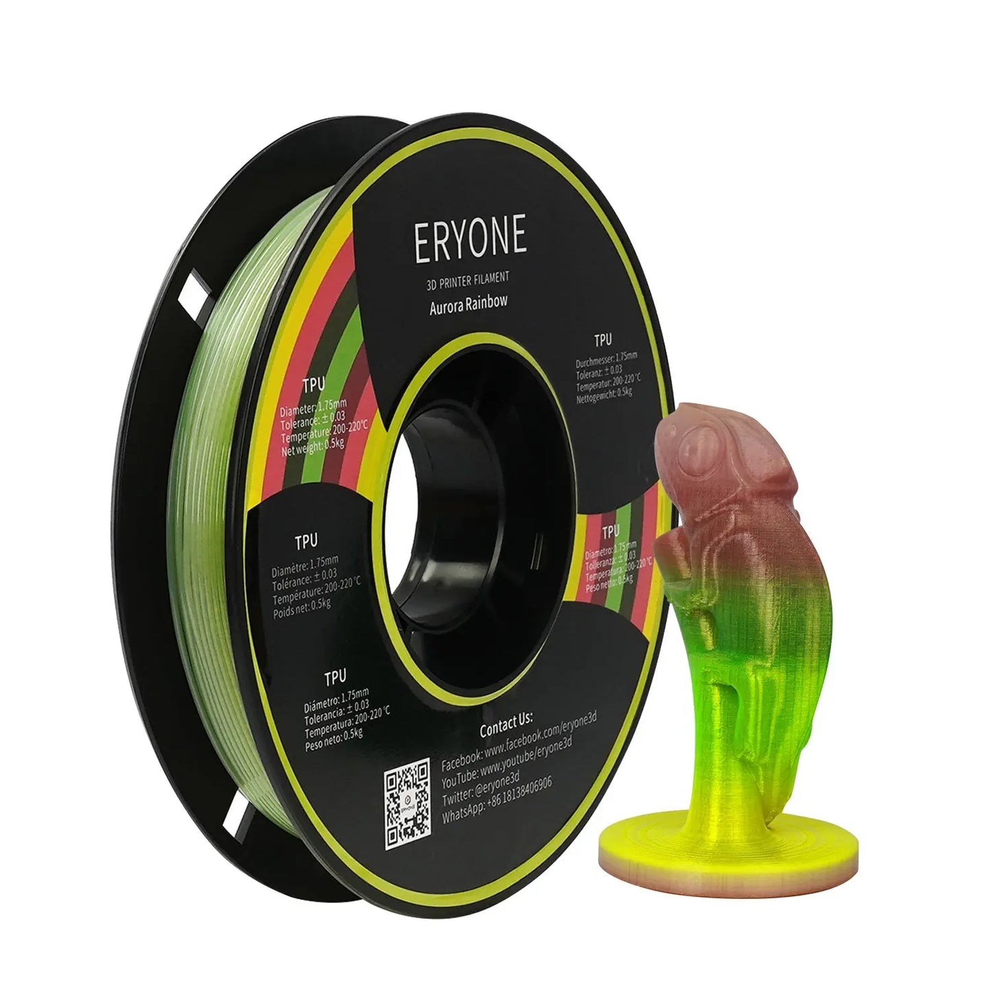 Spools of ERYONE 1.75mm TPU 3D printer filament in black color, showing the label and part of the filament unwound, alongside a printed tire.