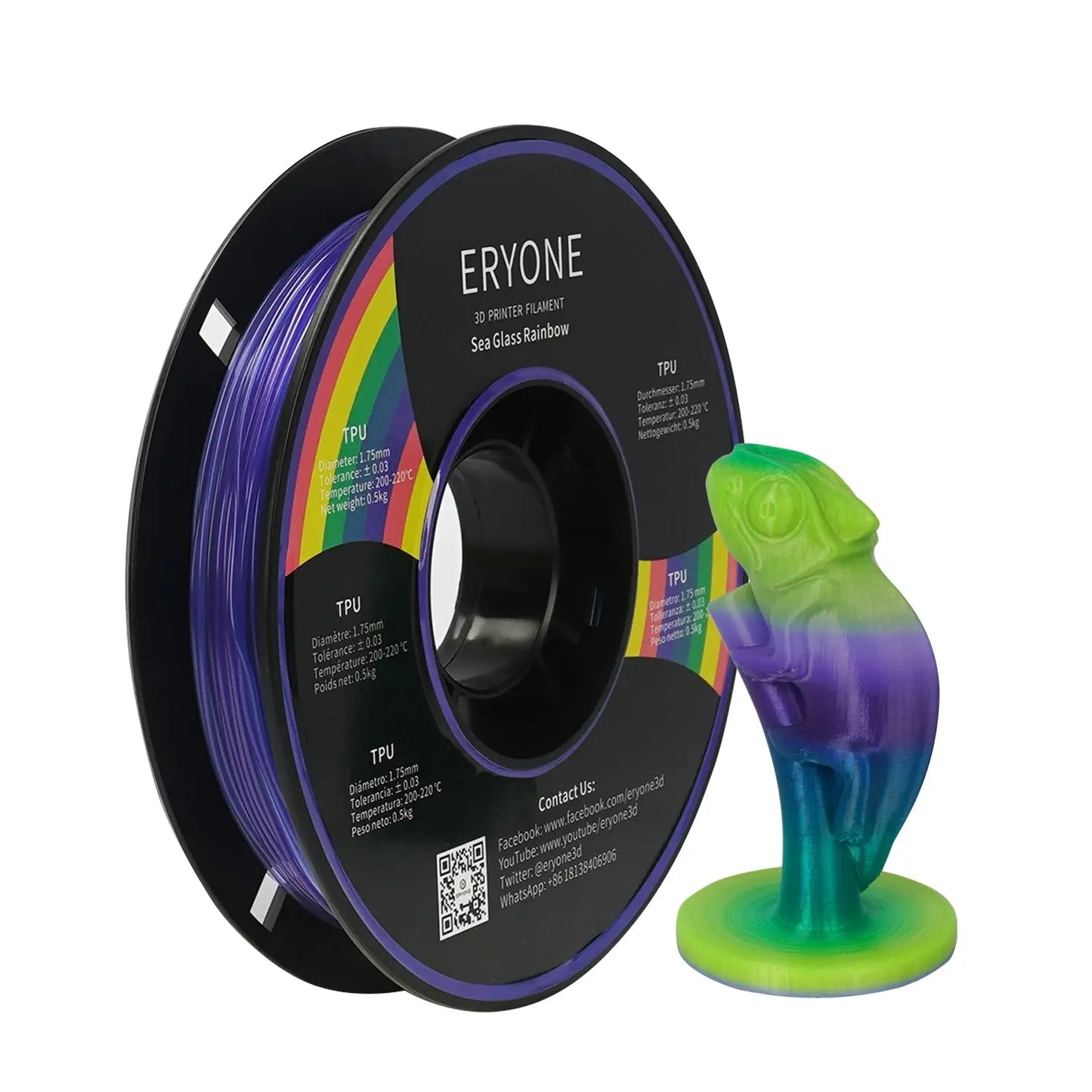 Spools of ERYONE 1.75mm TPU 3D printer filament in black color, showing the label and part of the filament unwound, alongside a printed tire.