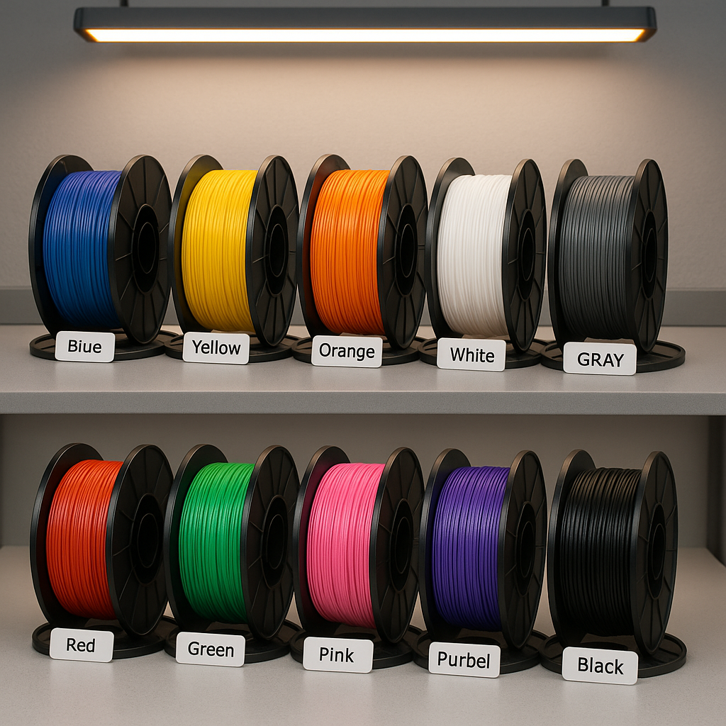 different types of 3D printing filament on a workbench — Forgely guide