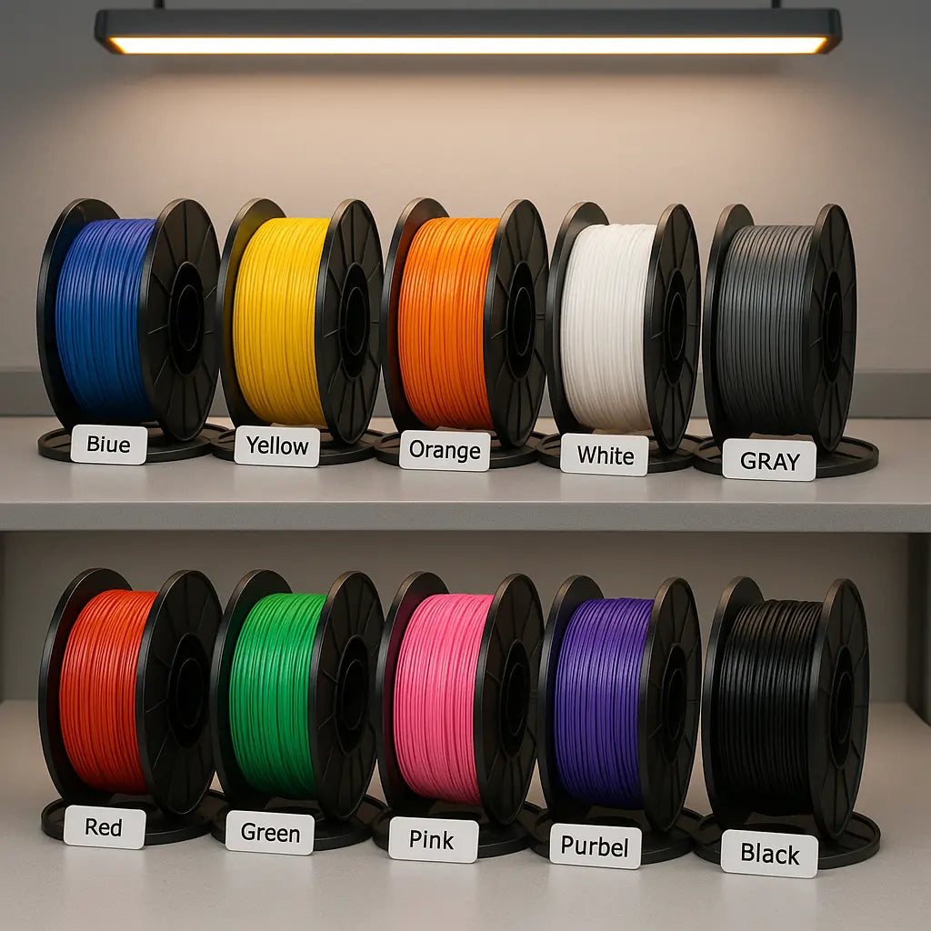different types of 3D printing filament on a workbench — Forgely guide
