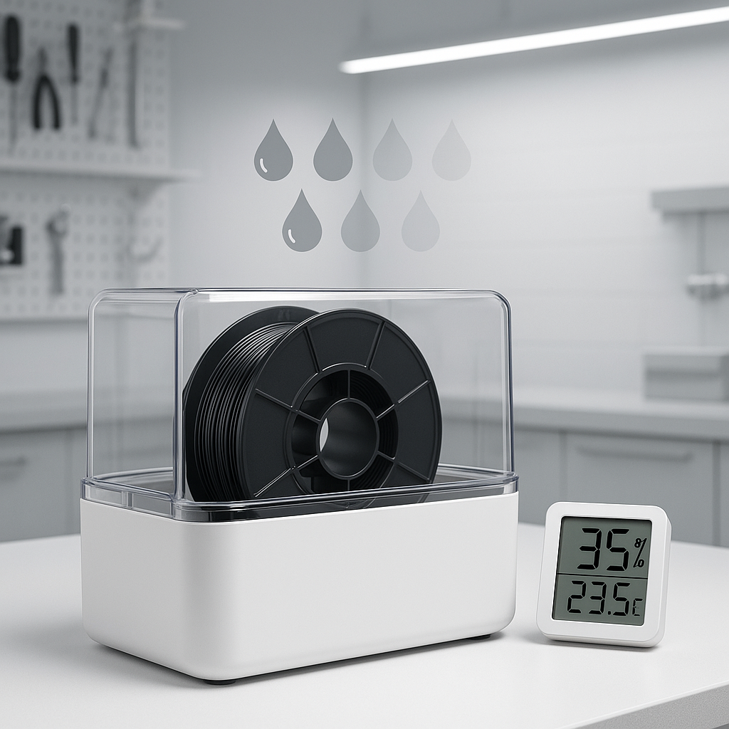 3D printing filament dryer setup with humidity meter — Forgely drying guide