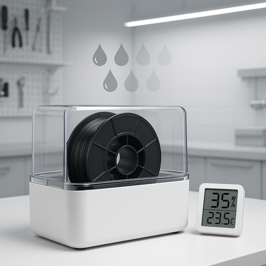 3D printing filament dryer setup with humidity meter — Forgely drying guide