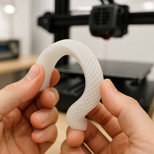 flexible TPU 3D print being bent to show elasticity — Forgely TPU guide