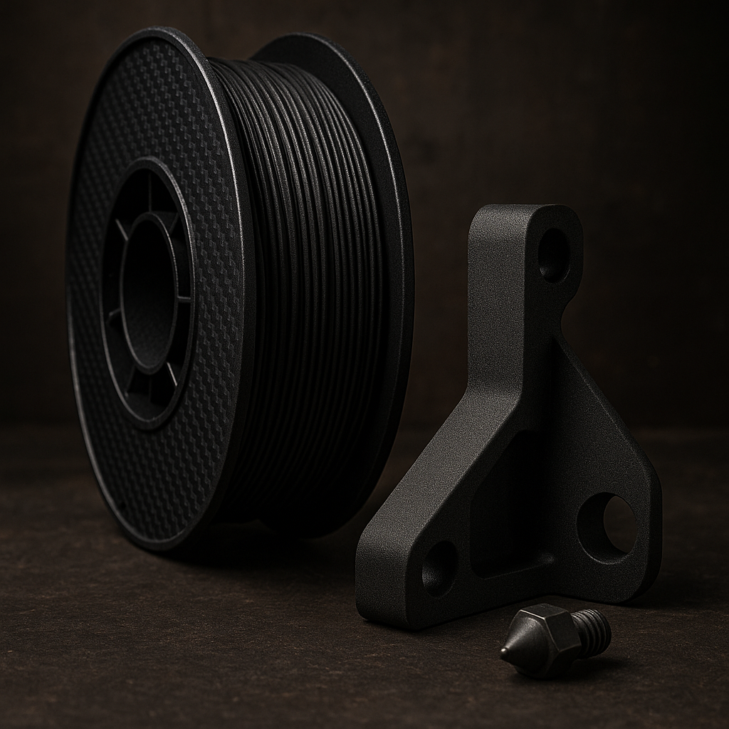 carbon fiber filament spool and CF-printed part with hardened steel nozzle