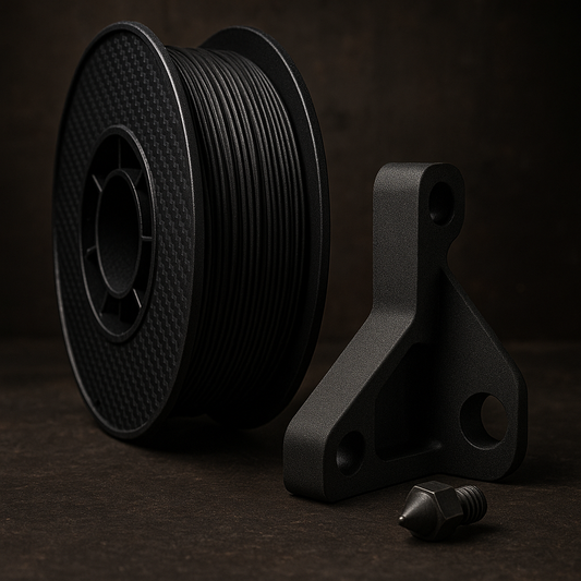 carbon fiber filament spool and CF-printed part with hardened steel nozzle