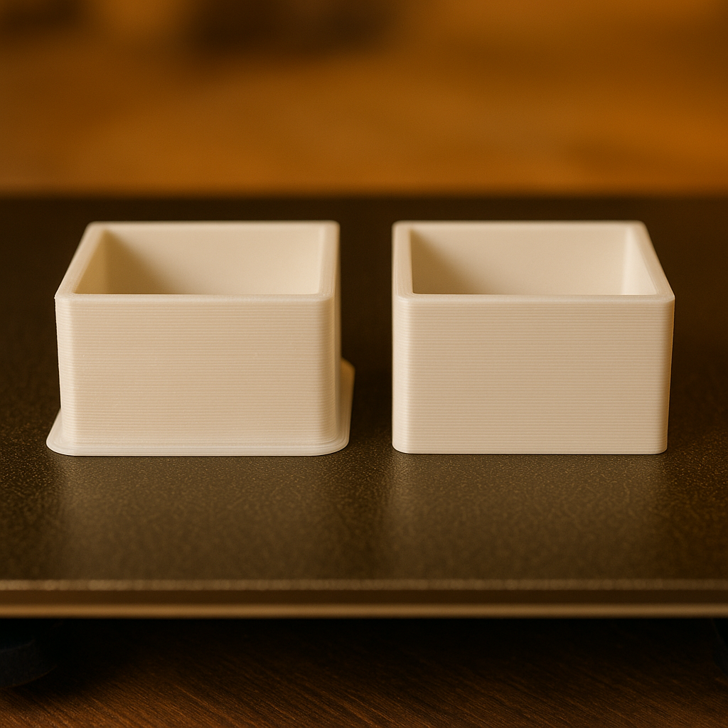 elephant’s foot defect on 3D print beside corrected version — Forgely troubleshooting