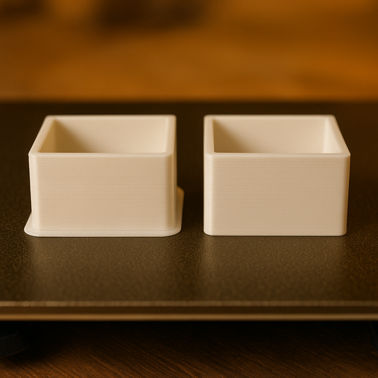 elephant’s foot defect on 3D print beside corrected version — Forgely troubleshooting