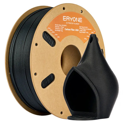 Two spools of ERYONE ASA 3D printer filament, one black and one white, with product information printed on them.