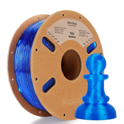 Spools of ERYONE 1.75mm TPU 3D printer filament in black color, showing the label and part of the filament unwound, alongside a printed tire.