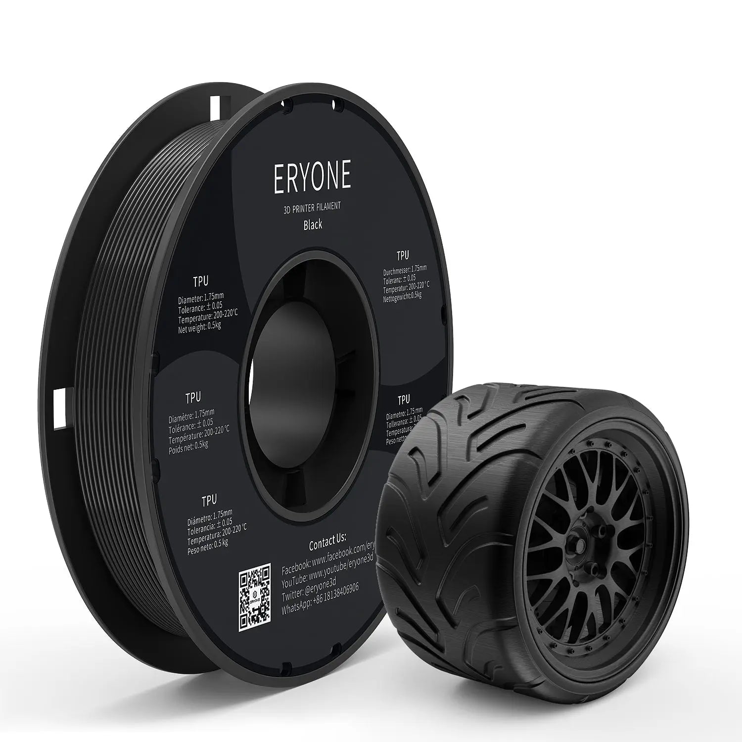 Spools of ERYONE 1.75mm TPU 3D printer filament in black color, showing the label and part of the filament unwound, alongside a printed tire.