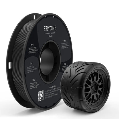 Spools of ERYONE 1.75mm TPU 3D printer filament in black color, showing the label and part of the filament unwound, alongside a printed tire.