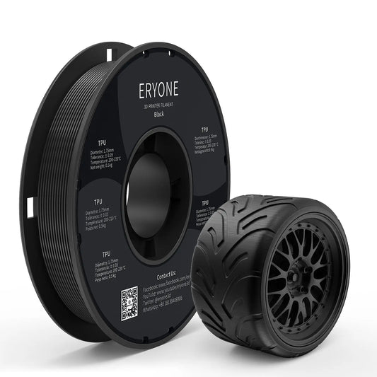 Spools of ERYONE 1.75mm TPU 3D printer filament in black color, showing the label and part of the filament unwound, alongside a printed tire.