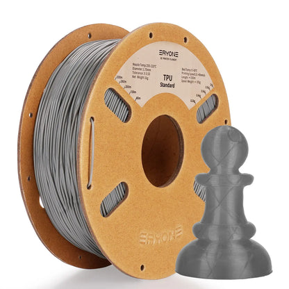 Spools of ERYONE 1.75mm TPU 3D printer filament in black color, showing the label and part of the filament unwound, alongside a printed tire.