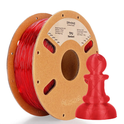 Spools of ERYONE 1.75mm TPU 3D printer filament in black color, showing the label and part of the filament unwound, alongside a printed tire.