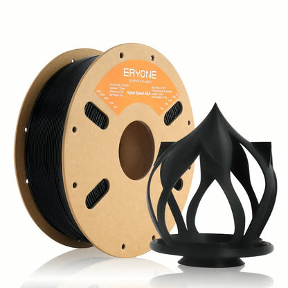 Two spools of ERYONE ASA 3D printer filament, one black and one white, with product information printed on them.